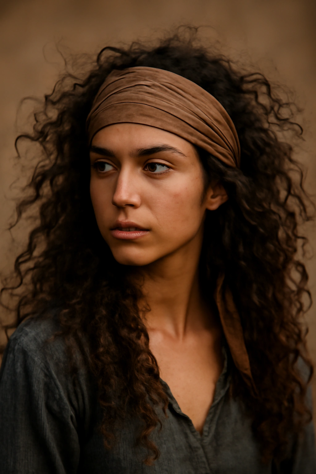 Voluminous wild curls with head scarf pirate hairstyle