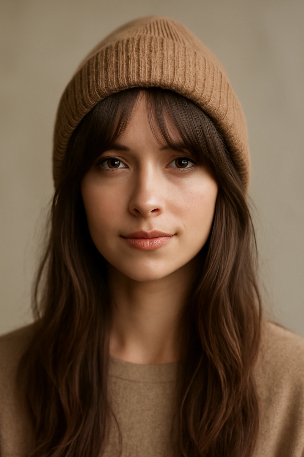 Front view of long curtain bangs beneath a back-placed beanie framing the face