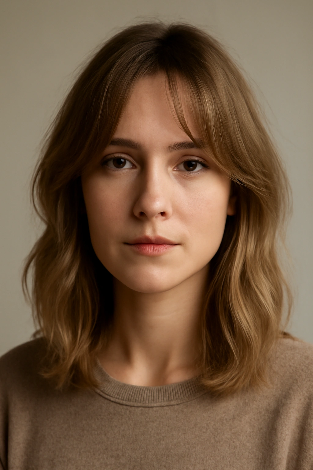 Portrait of a woman with curtain bangs framing the face