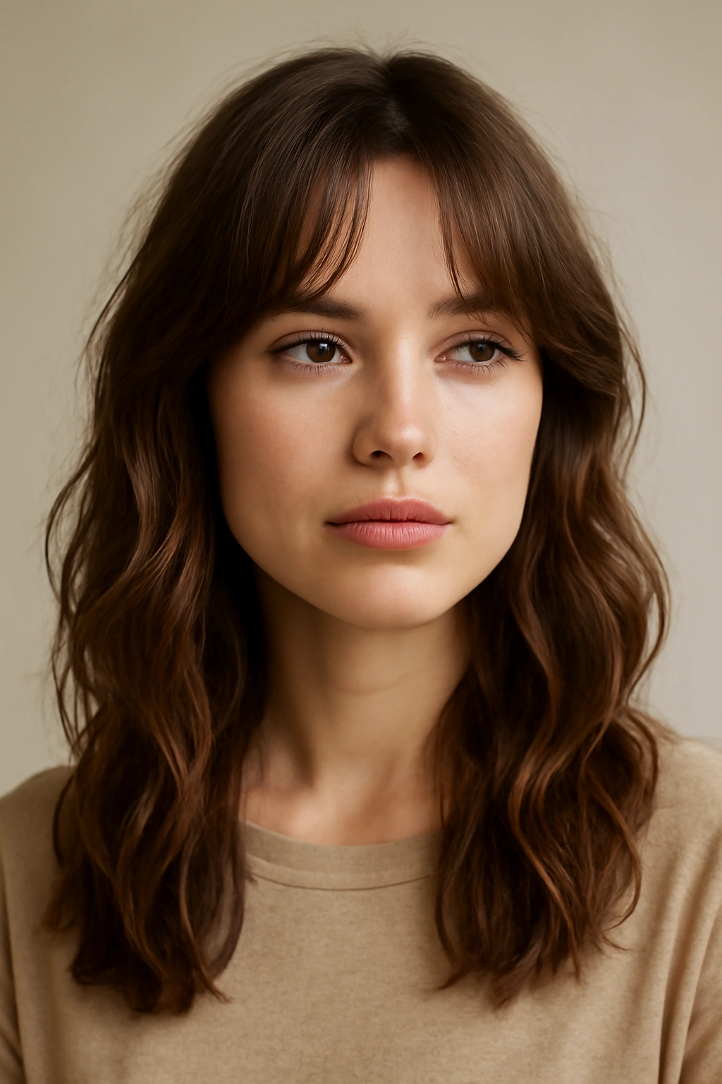 Close-up portrait highlighting soft curtain bangs and wavy texture around the face