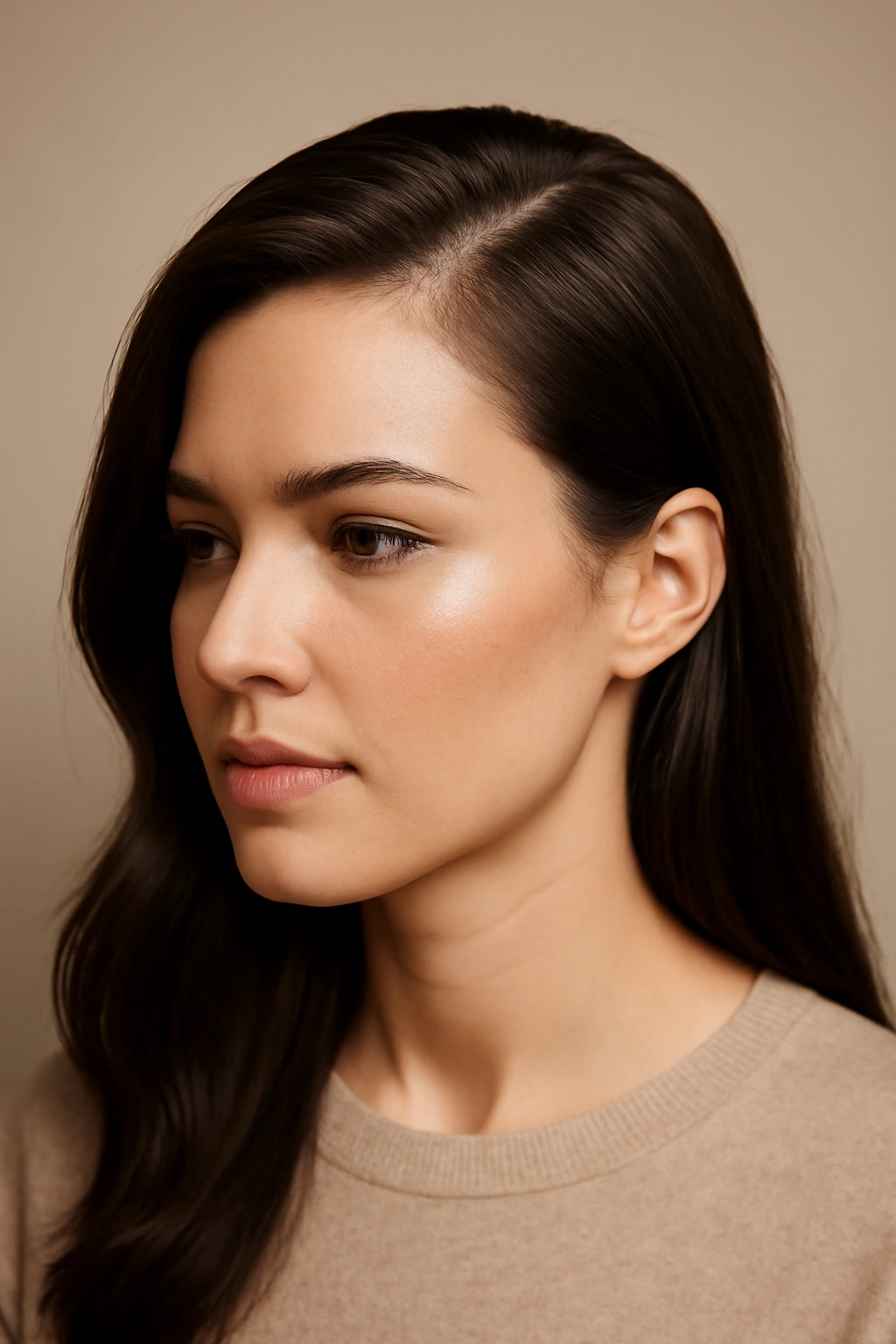 Portrait of a woman with a deep side part hairstyle