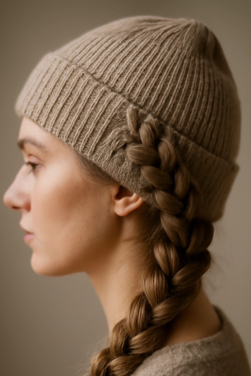 Raised Dutch braid under a beanie with three-dimensional texture
