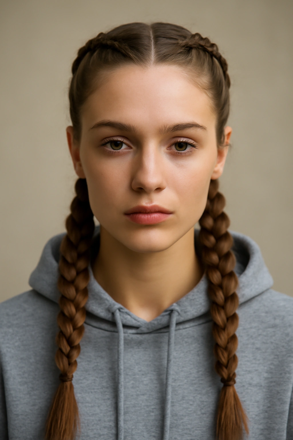 Close-up of two raised Dutch braids on a center-parted head