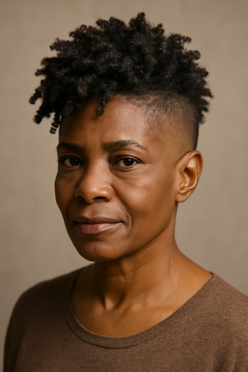 Close-up portrait of an older Black woman with a fade and twist-out curls on top, showing defined texture