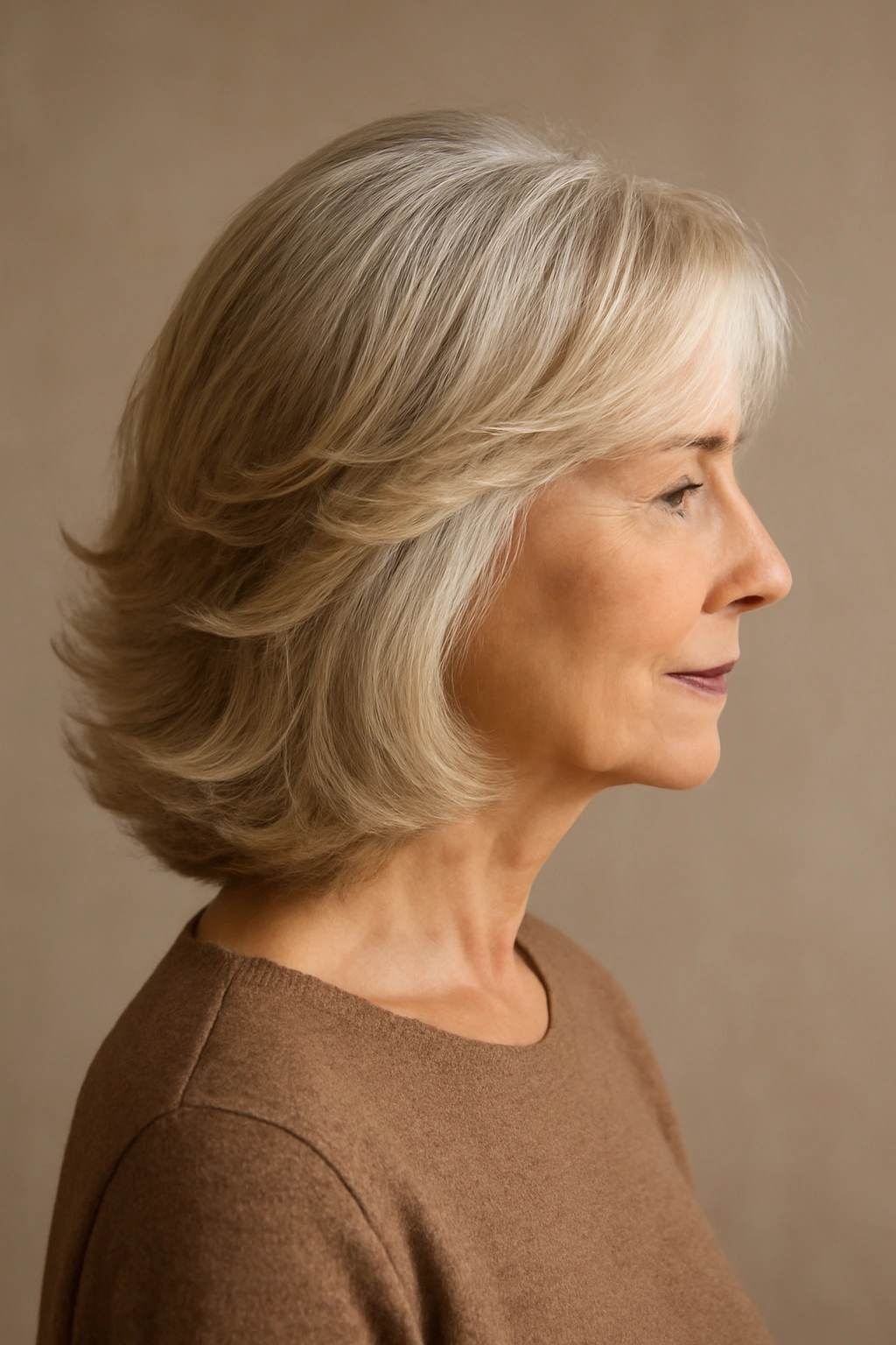 Side profile of feathered medium cut with outward-flipped ends for volume