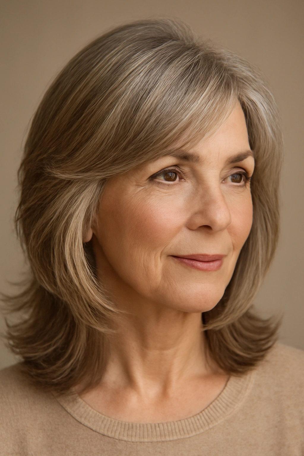 Close-up of a mature woman's hair with feathered layers and soft ends framing the face