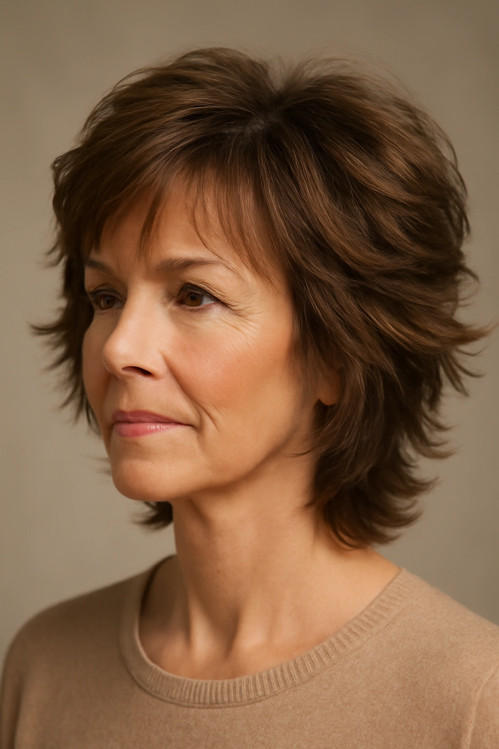Mature woman wearing a feathered shag haircut with outward feathered layers framing the face