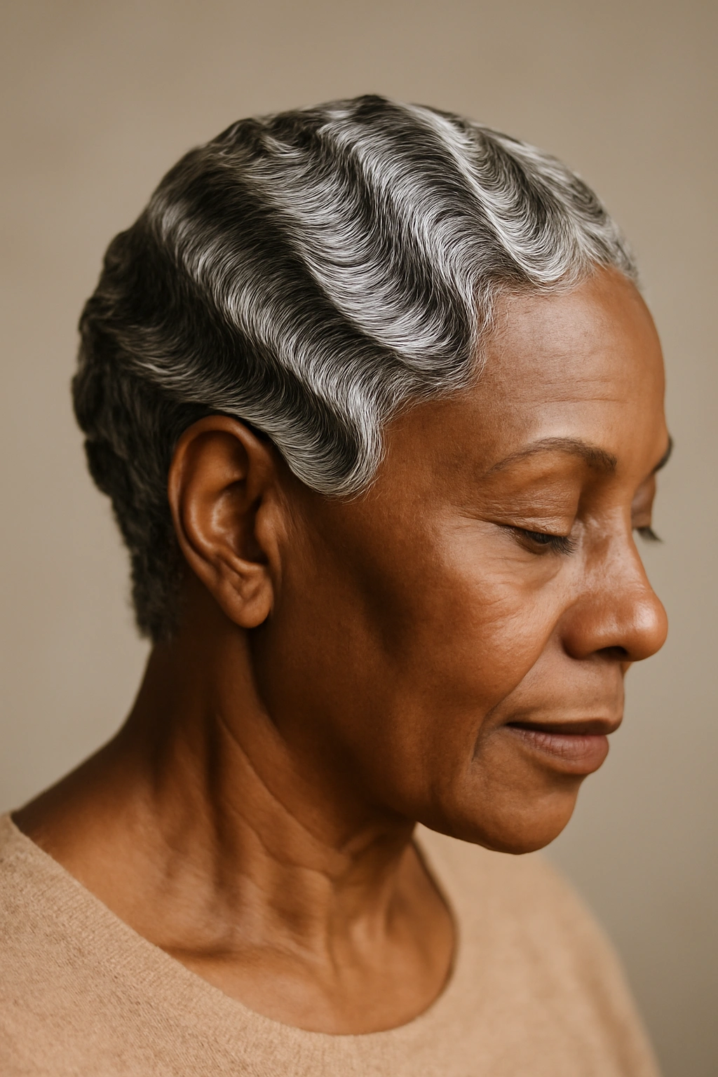 Close-up portrait of a mature Black woman with finger waves and gray hair.