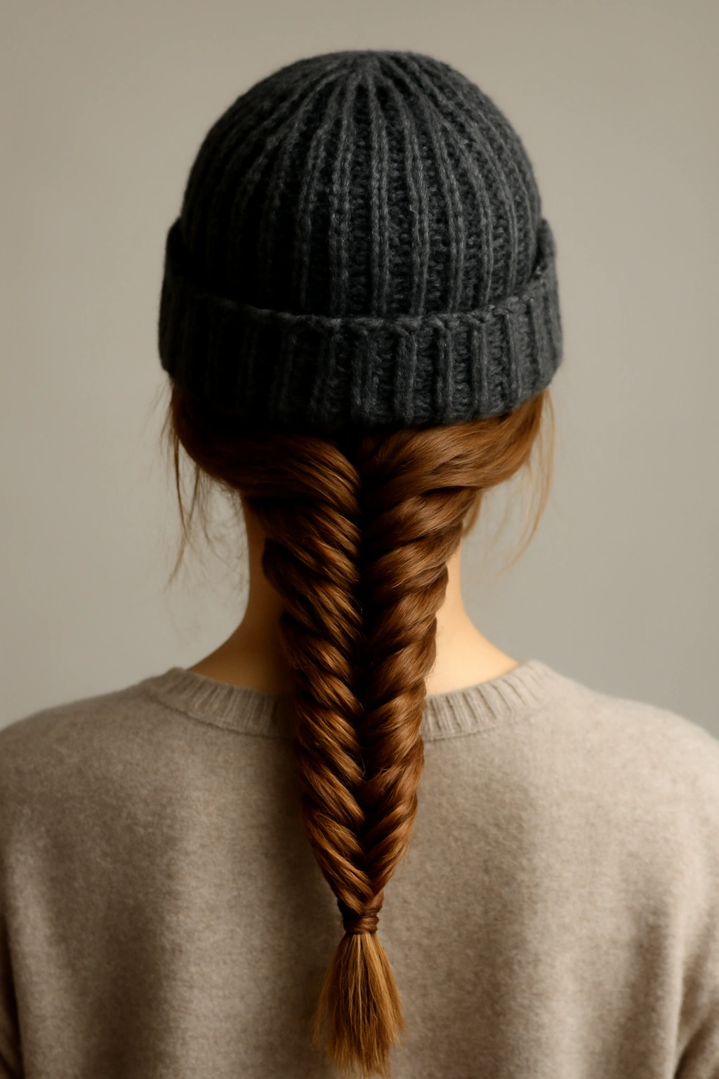Elaborate fishtail braid visible beneath a beanie