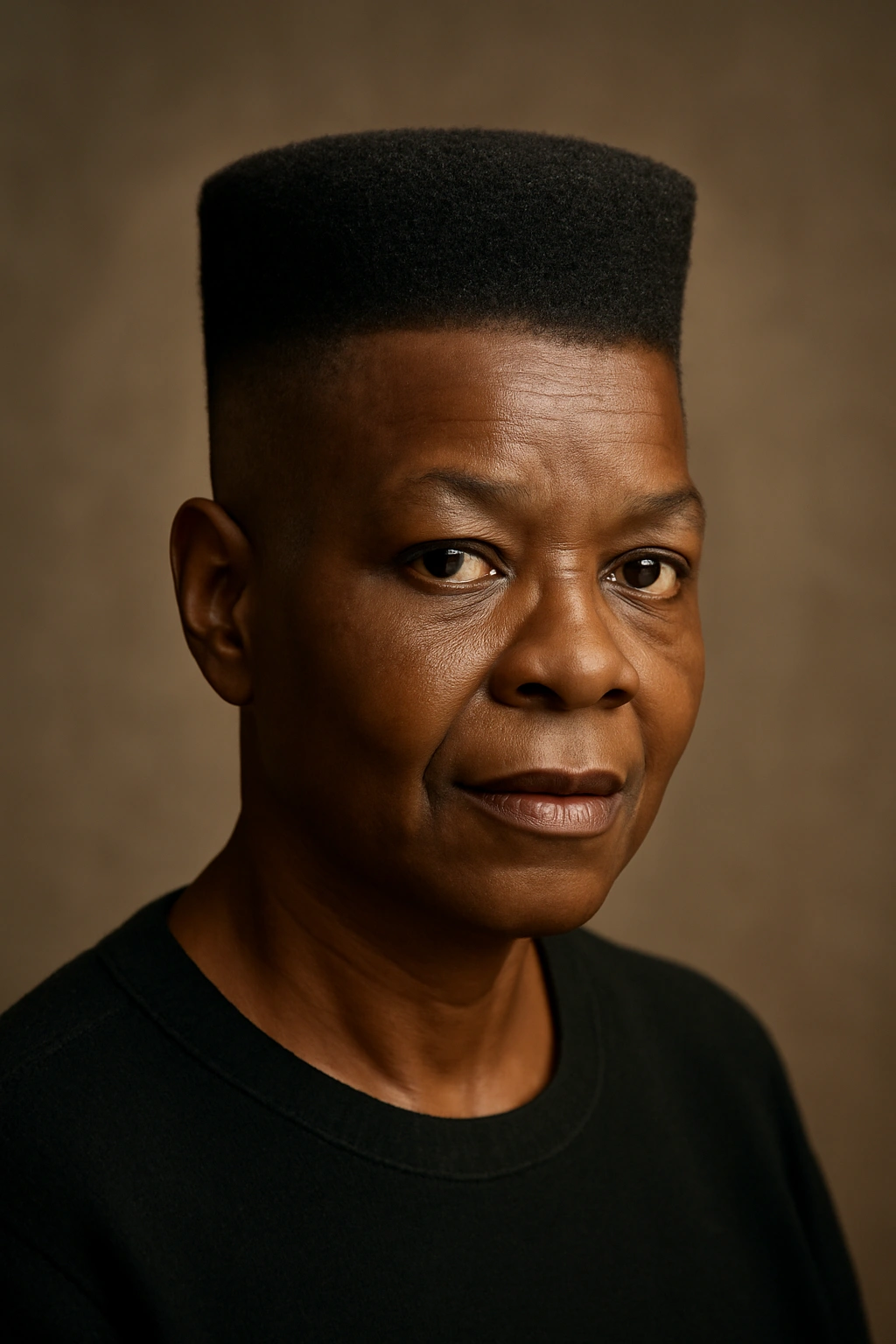 Portrait of an older Black woman with a flat top fade hairstyle