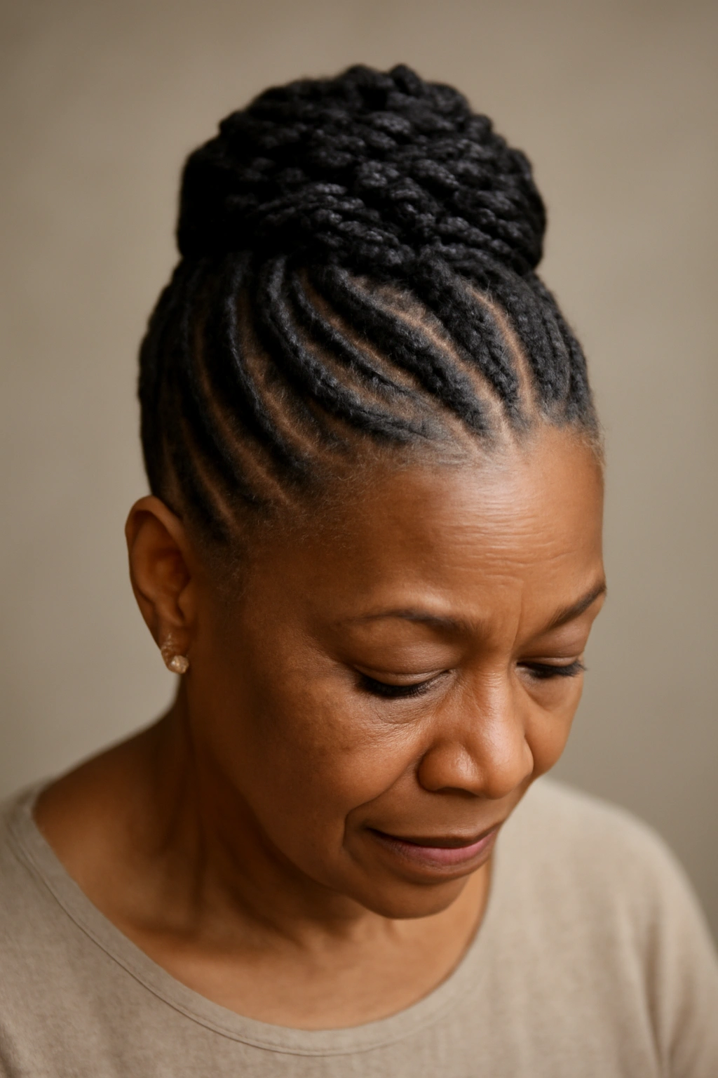 Close-up of flat twist updo with crisp, geometric scalp lines.