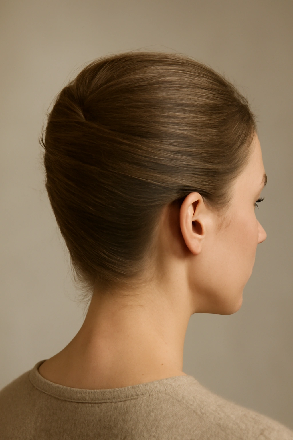 French Twist updo on fine hair with a vertical roll at the back.