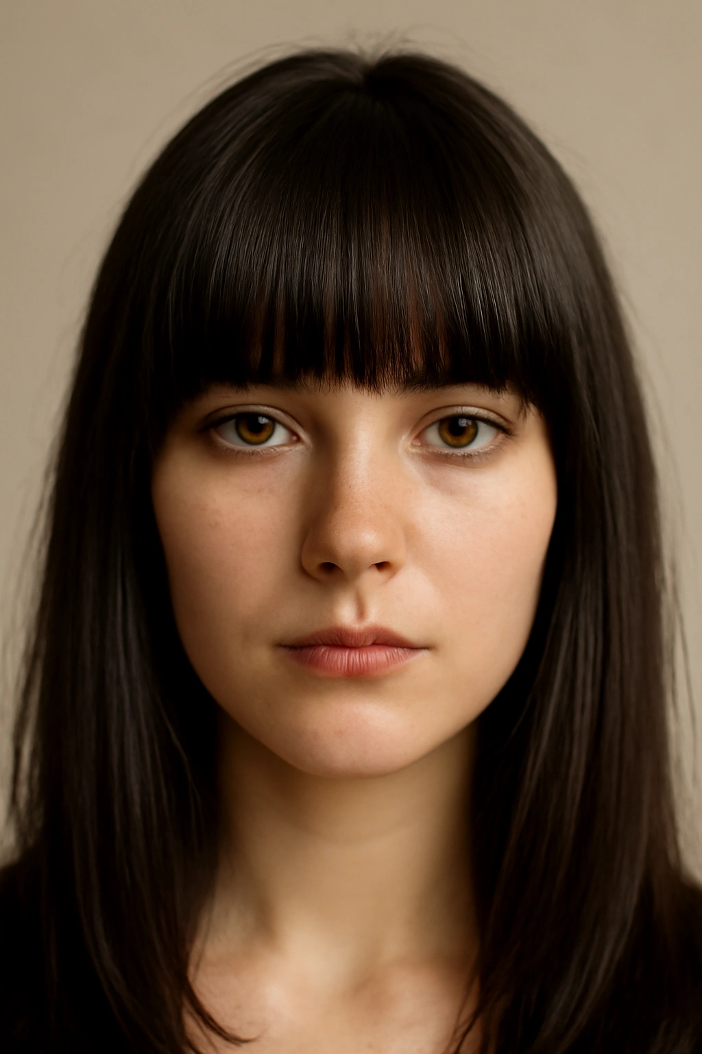 Close-up of a woman wearing full fringe bangs