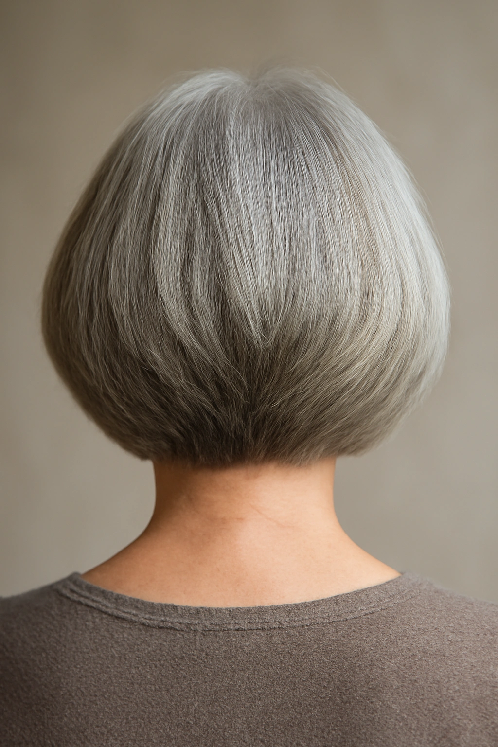 Back view of a woman over 60 with a stacked graduated bob at the nape