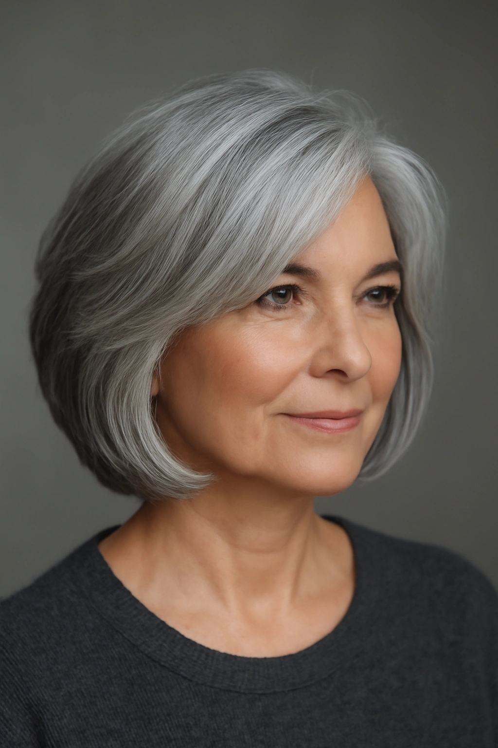 Older woman with gray layered bob showcasing movement and silver tones