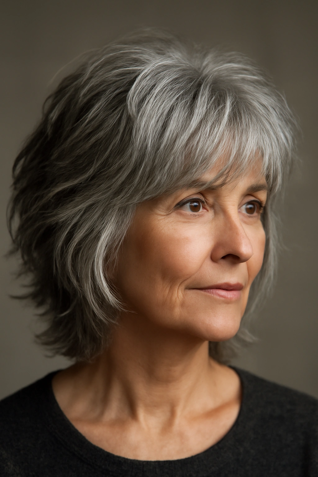 Close-up of gray-haired head with textured shag layers