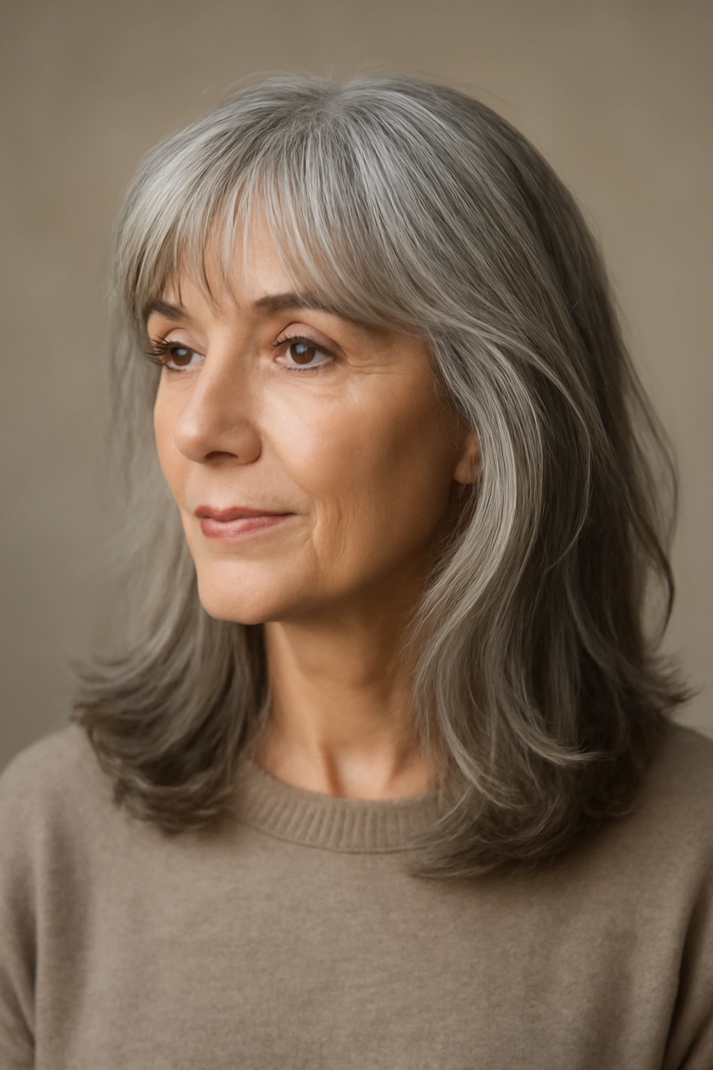 Close-up of gray hair with wispy bangs and feathered fringe framing the face