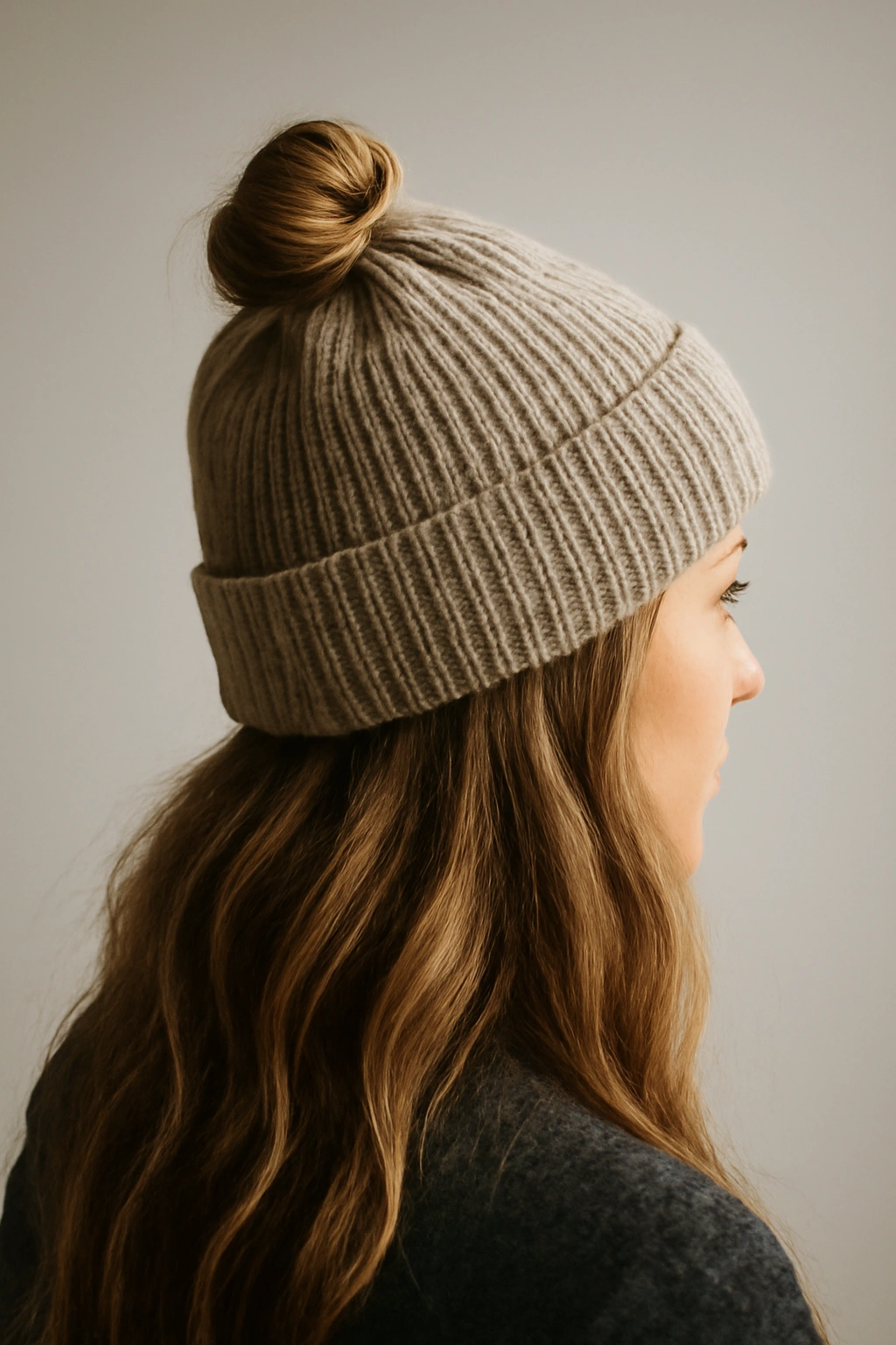 Small crown bun above a beanie with loose hair below