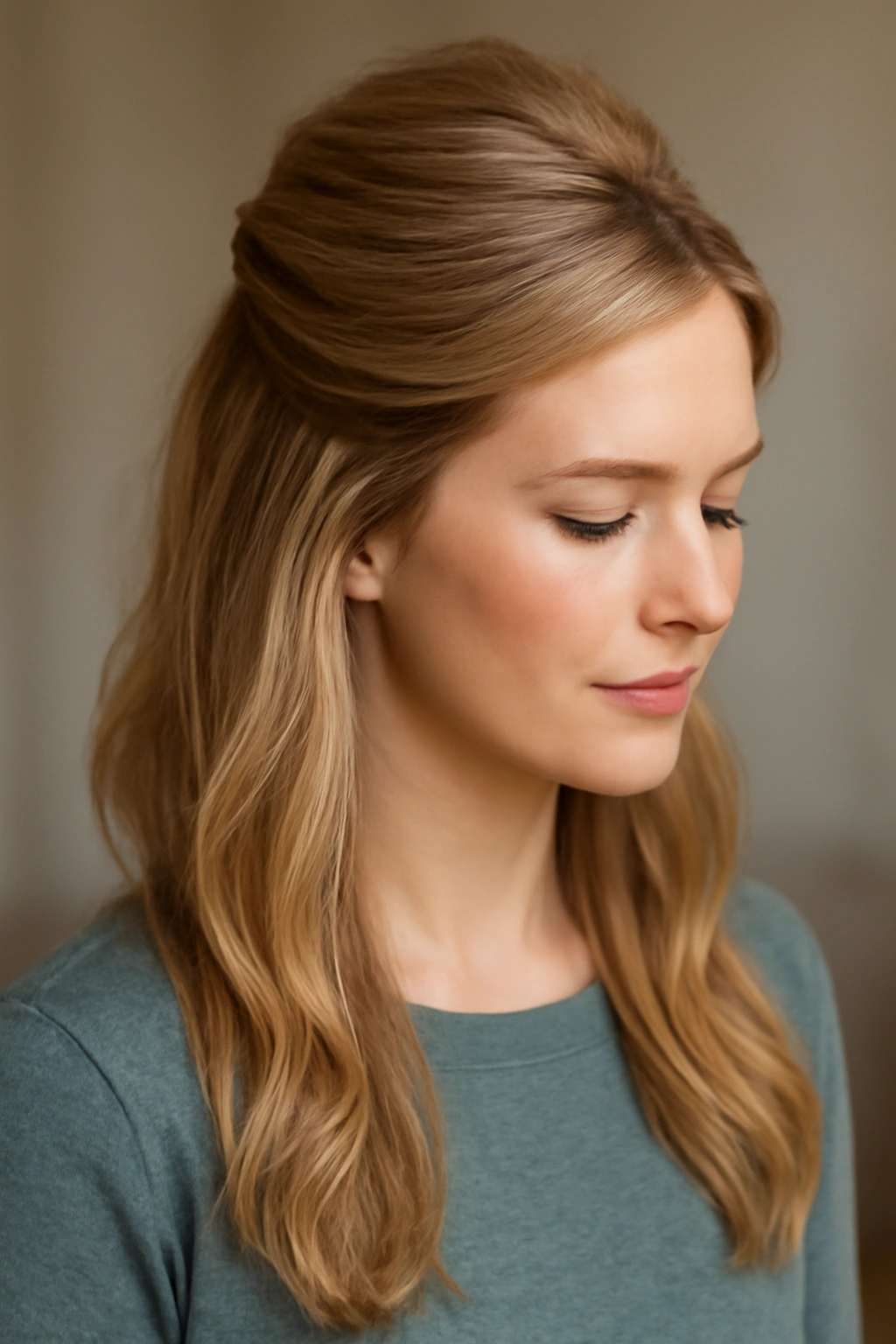 Half up half down hairstyle with teased crown and loose waves