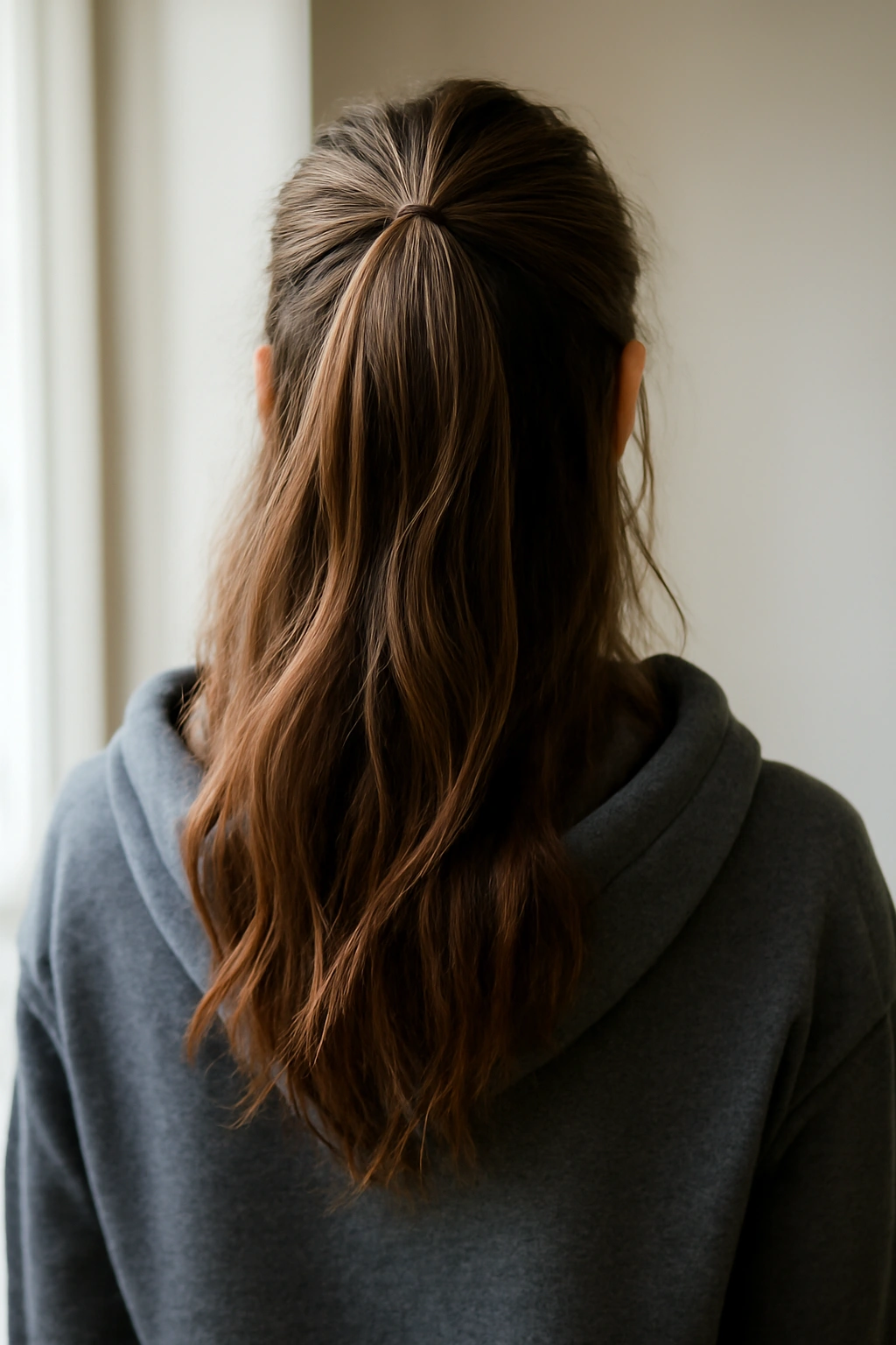 Half-up half-down hairstyle with hoodie down