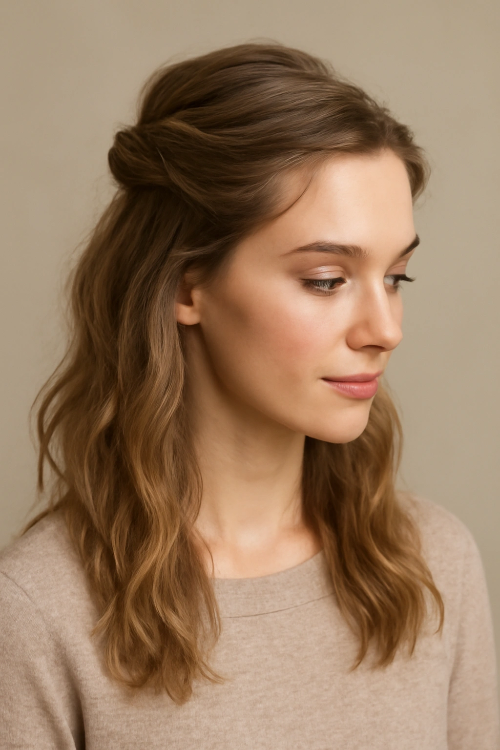 Half-Up Twisted Style with crown lift and flowing waves.