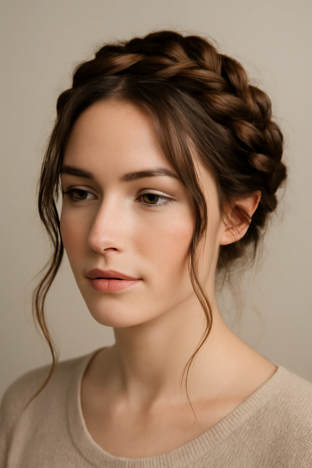 Close-up of a halo braid with loose front pieces framing the forehead