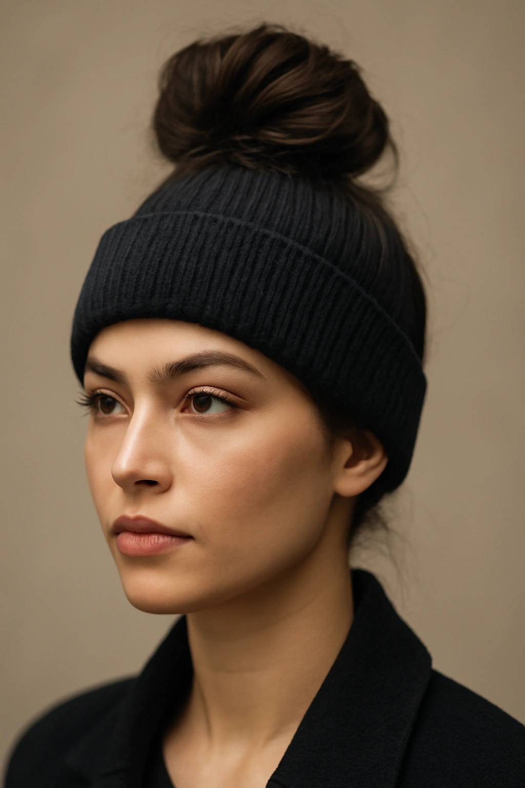 High bun peeking from under beanie for bold silhouette