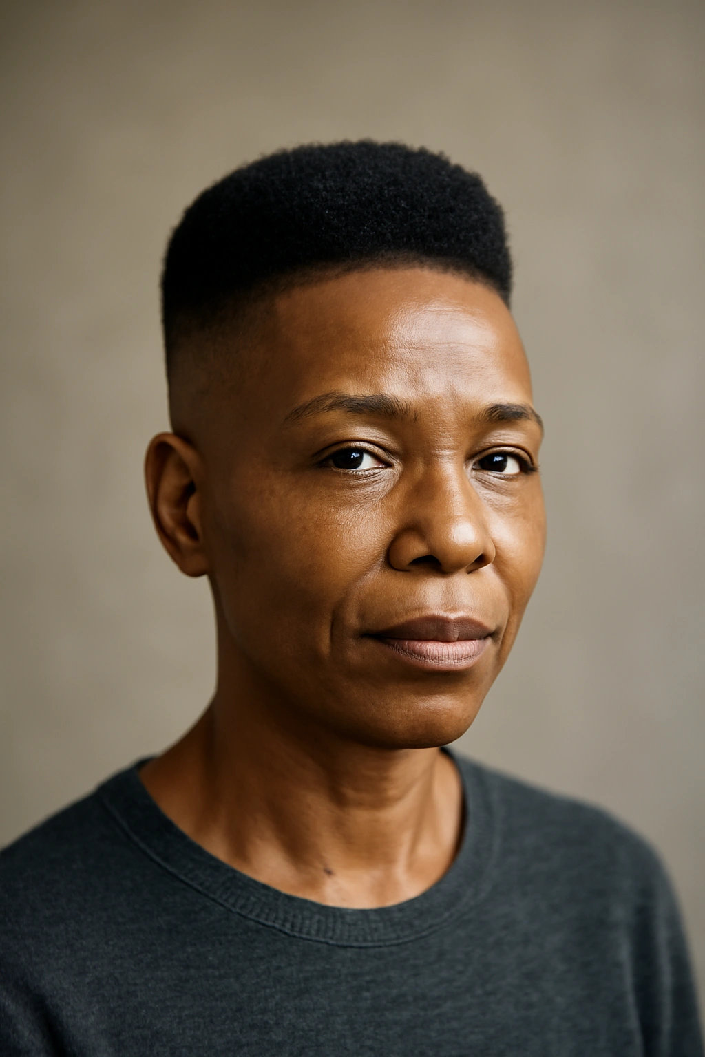 Older Black woman with high fade and tiny afro on top in studio portrait