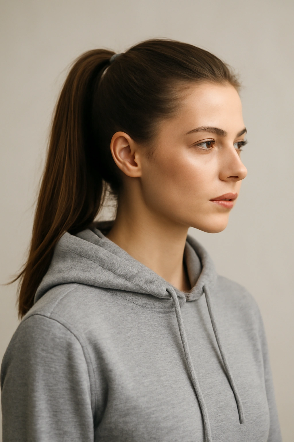 Close-up of a high ponytail under a hoodie, sporty and polished hairstyle