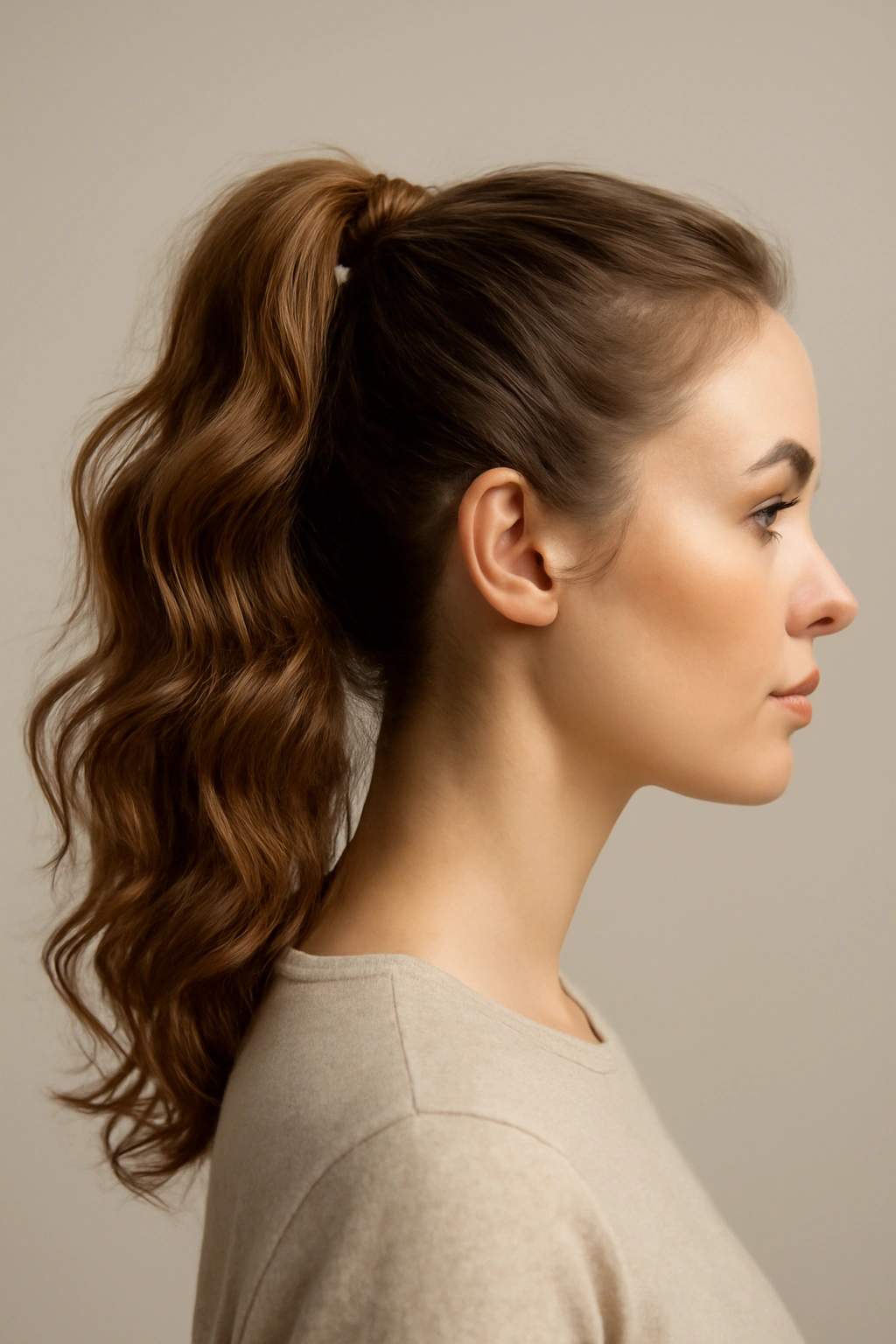 Side profile of a high ponytail with voluminous waves
