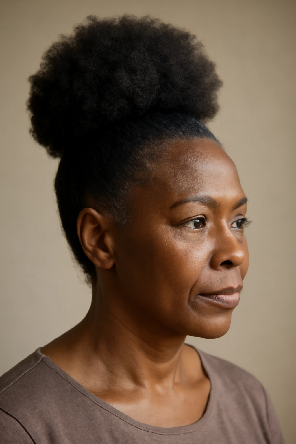 High puff updo on a head form showing a voluminous natural crown of hair