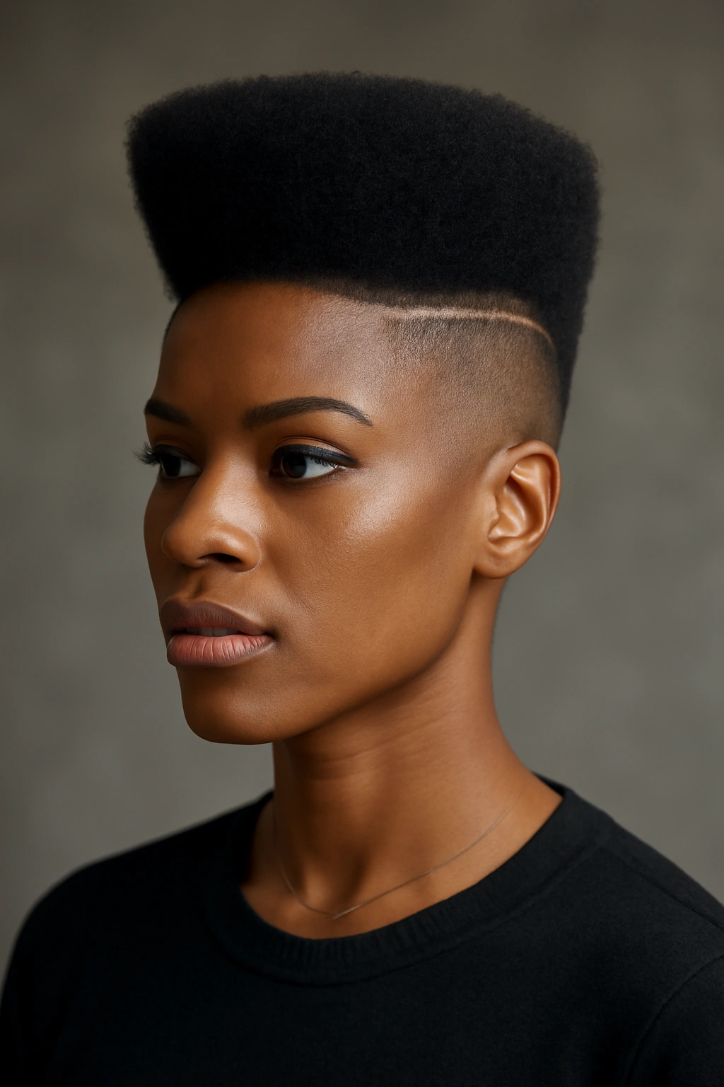 Portrait of a Black woman with a high top fade and one shaved side