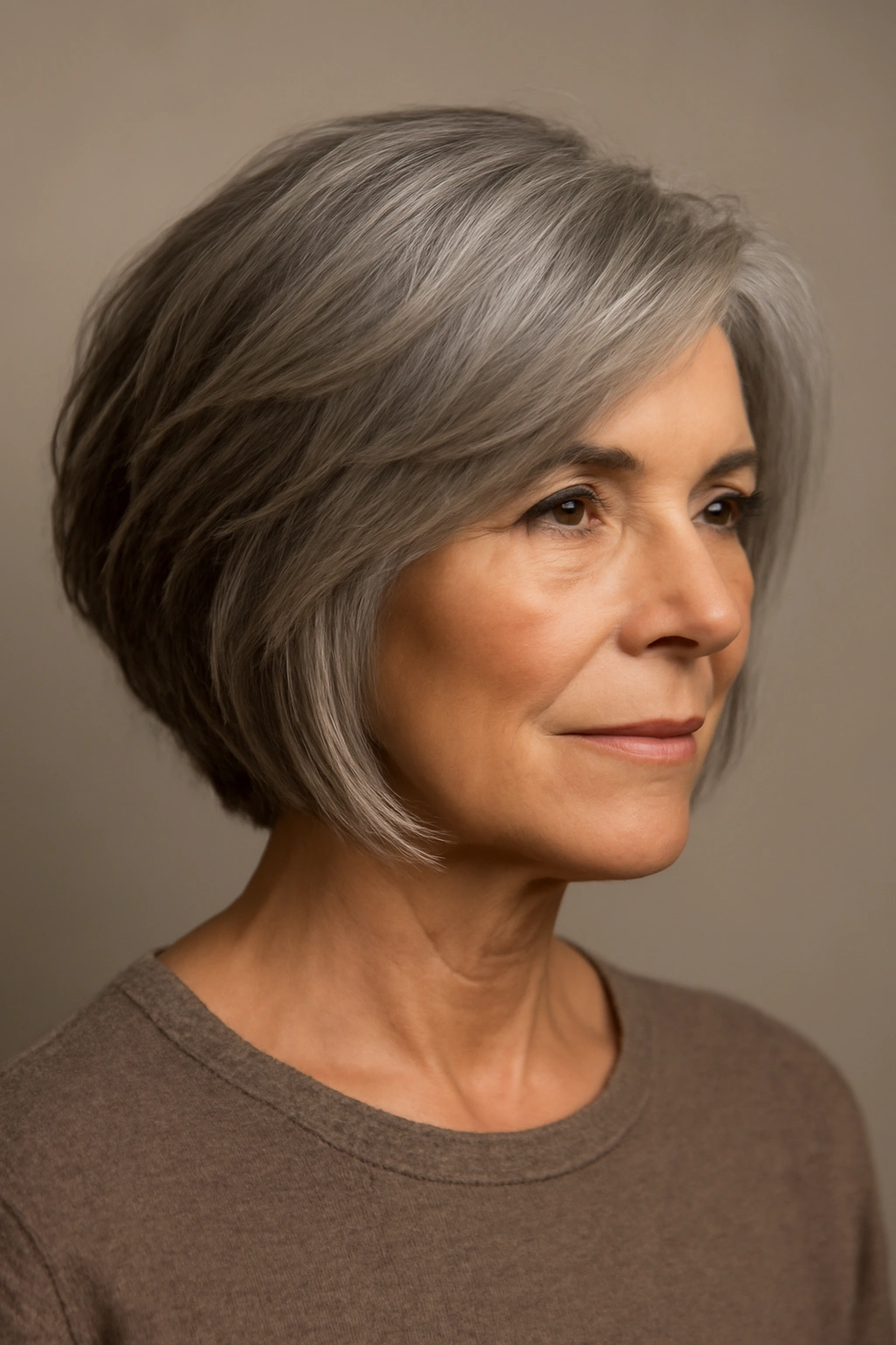 Portrait of older woman with inverted layered bob showing back short and front long