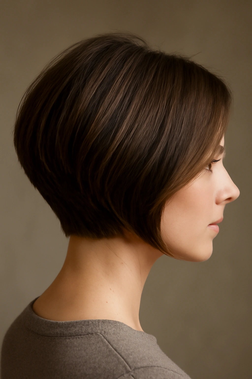 Inverted Short Bob with stacked back nape and longer front pieces, three-quarter view