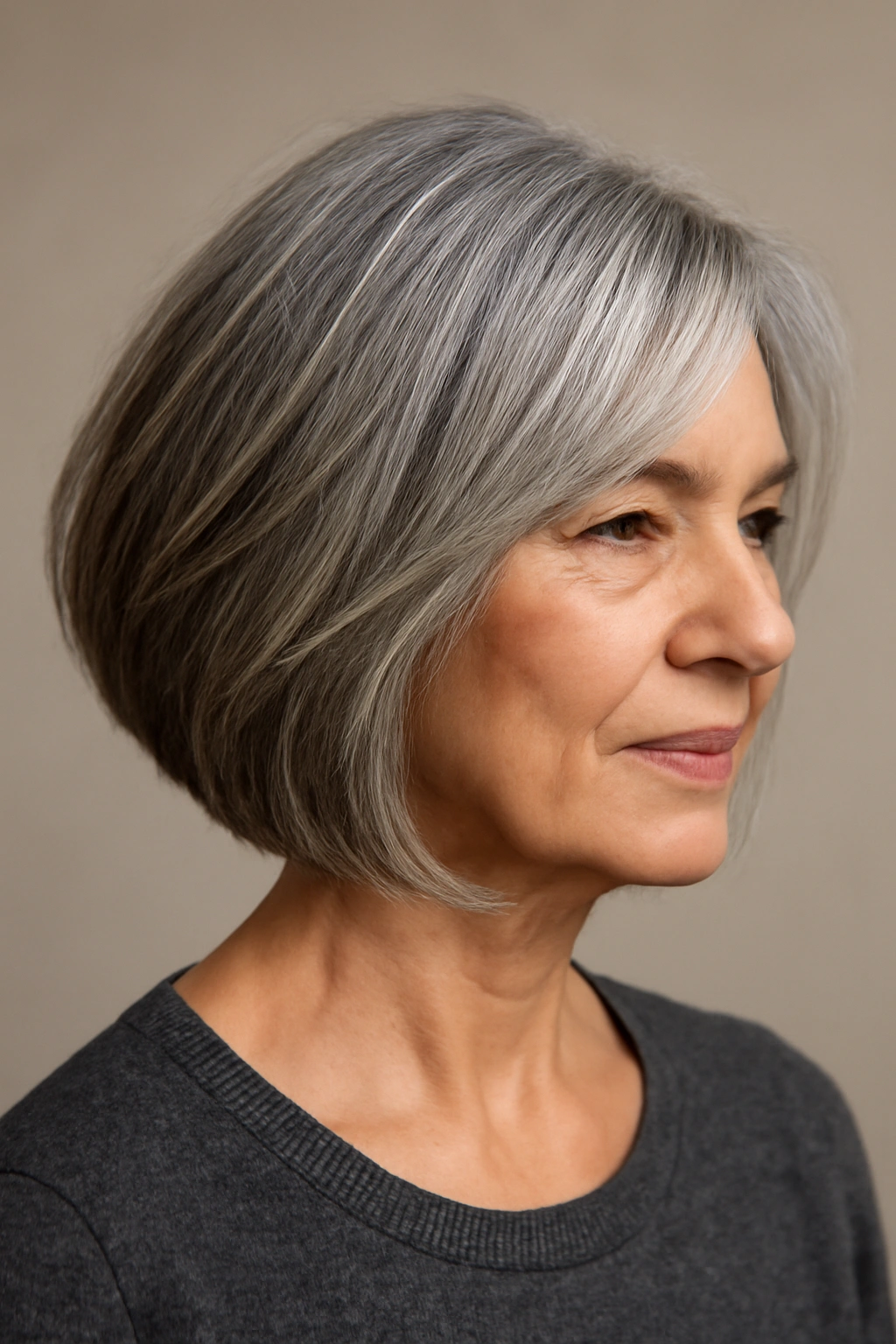 Older woman with layered A-line bob showing dramatic diagonal line