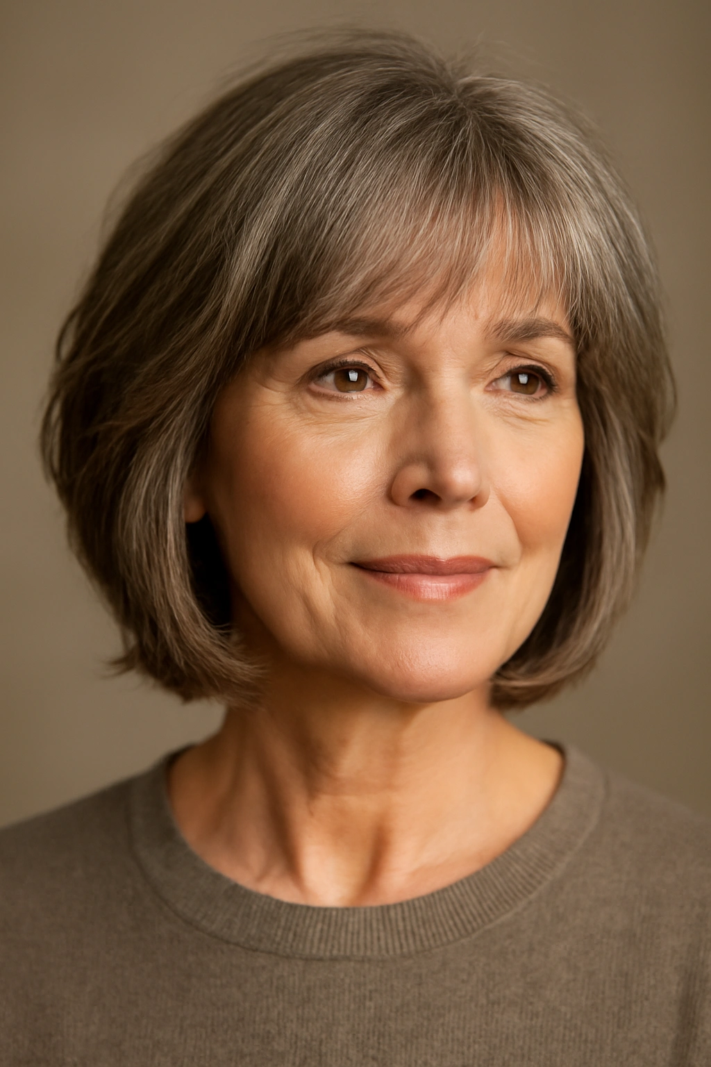 Close-up portrait of mature woman with layered bob and face-framing bangs