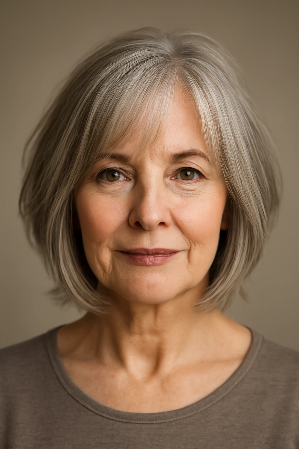 Older woman with layered bob and curtain bangs framing the face