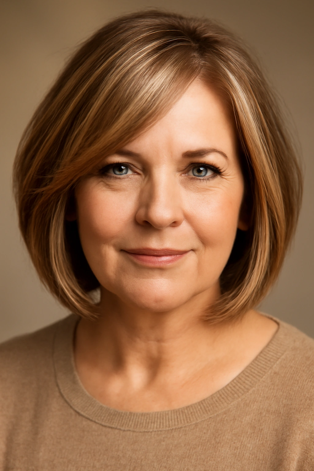 Close-up of layered bob with highlights framing the face