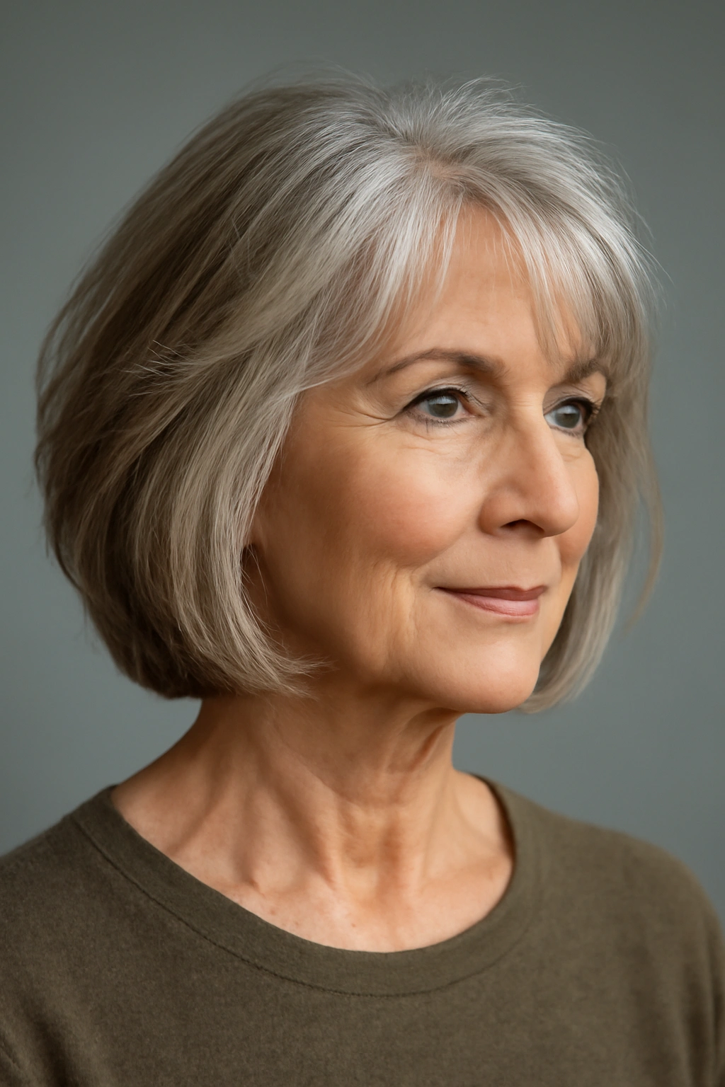 Close-up of layered medium bob on a woman over 60, showing lift and volume