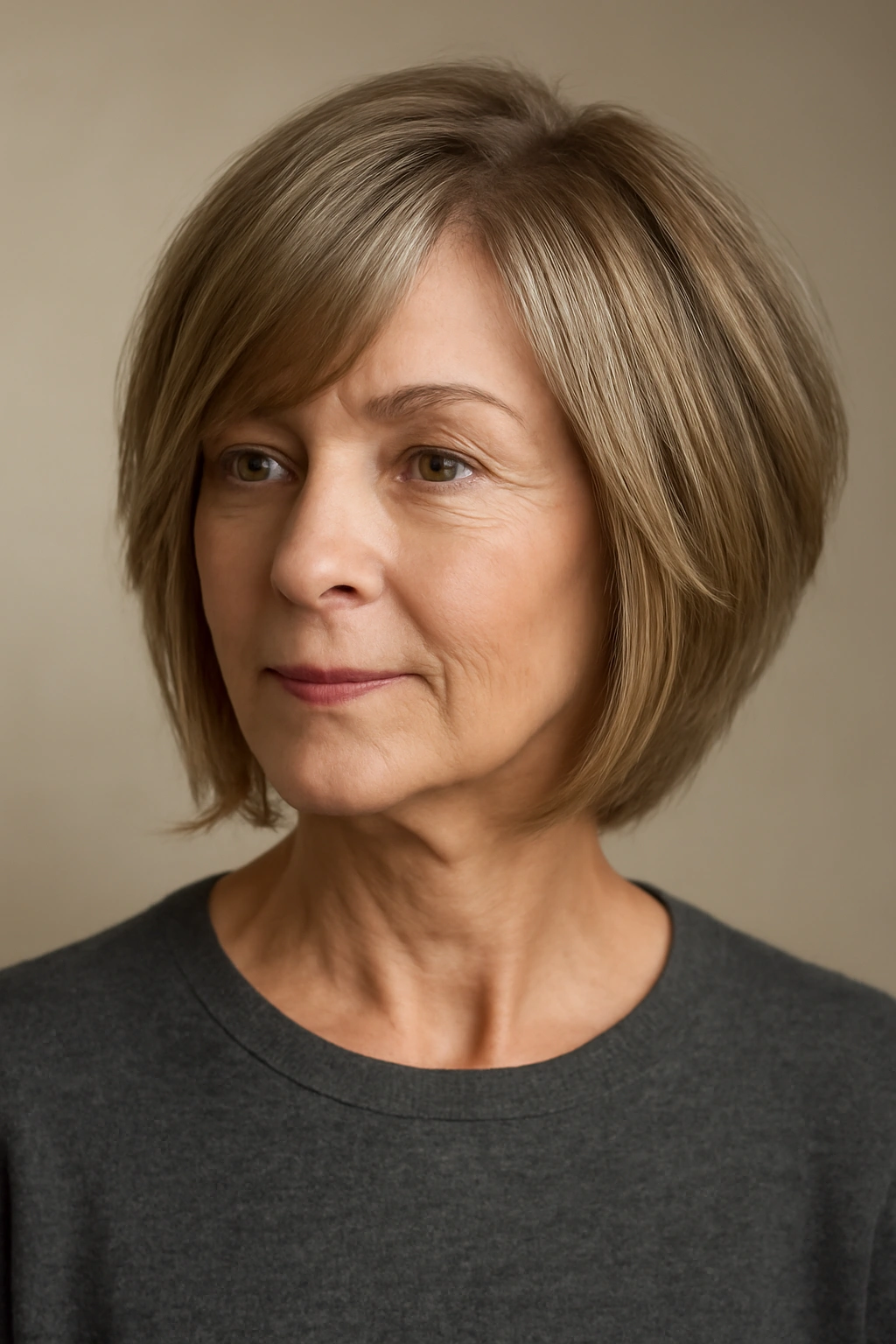 Older woman with layered bob and side-swept bangs