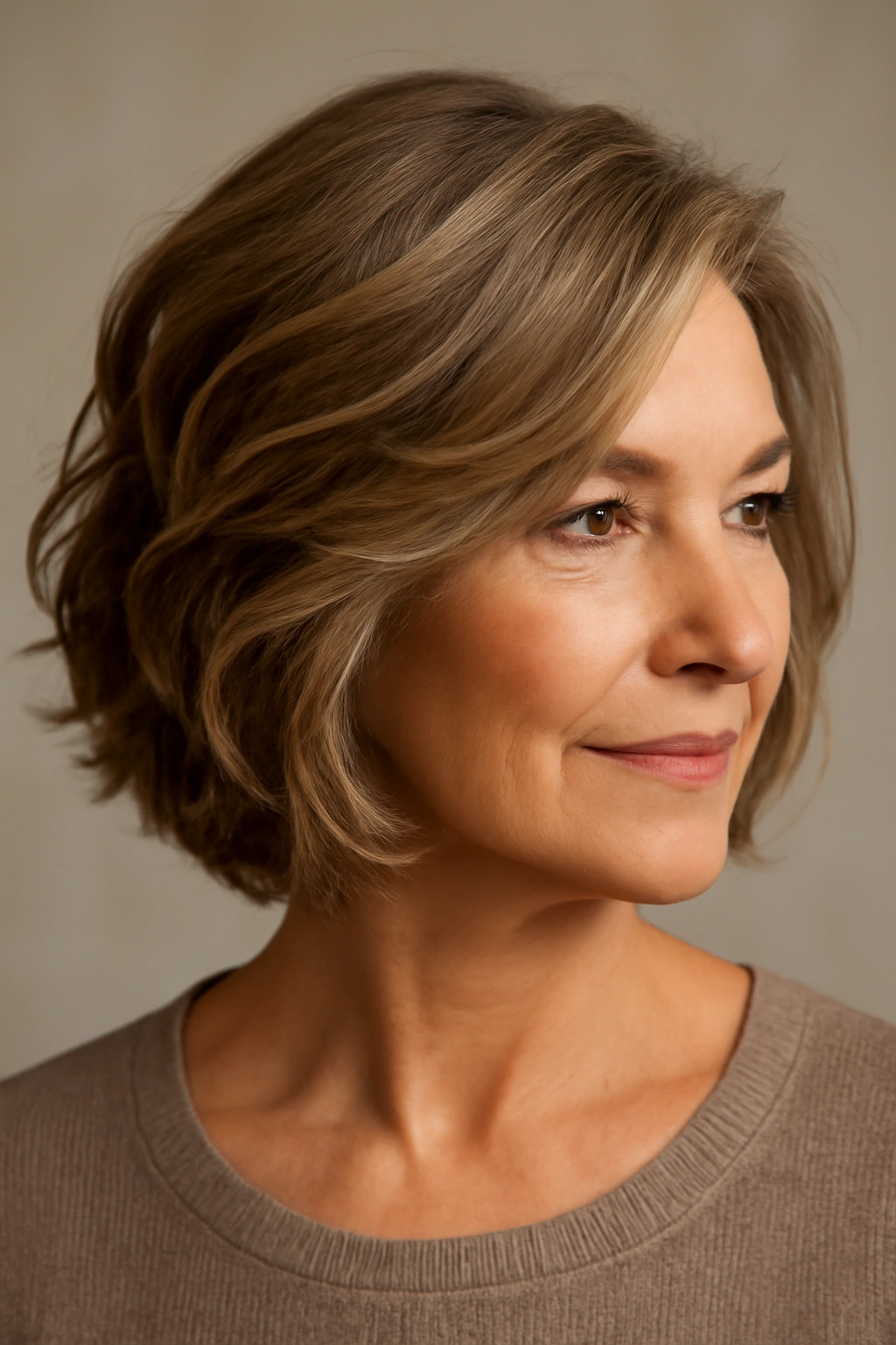 Close-up portrait of mature woman with layered bob and soft waves, warm highlights