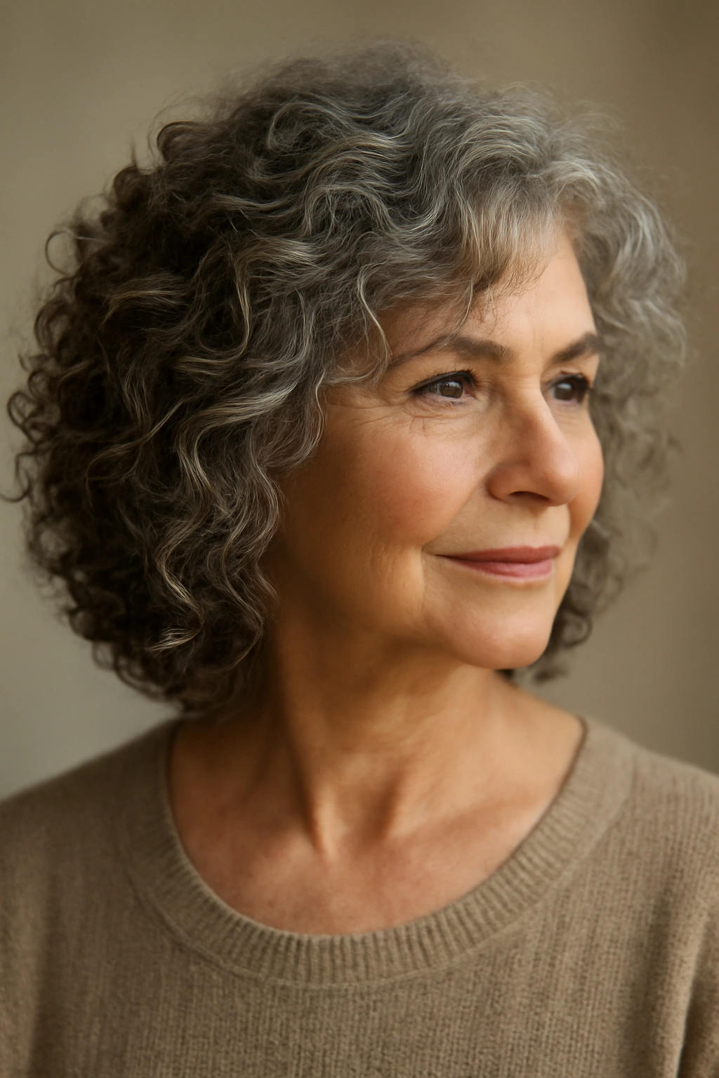 Close-up of a senior woman with defined layered curls
