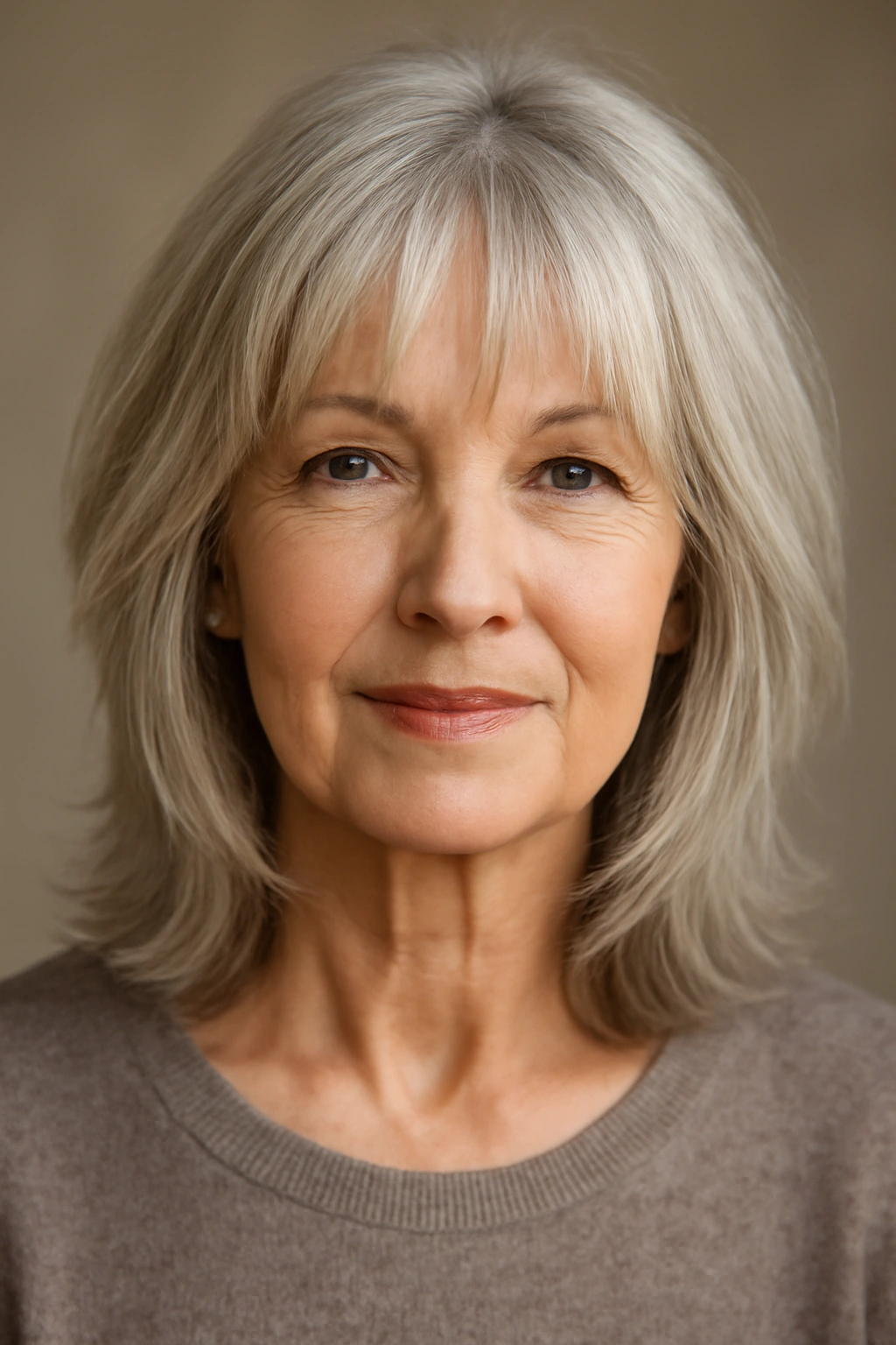 Head-and-shoulders with layered cut and soft curtain bangs framing the face