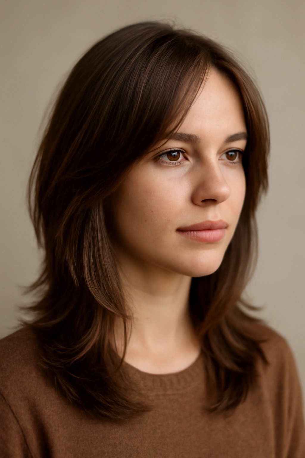 Portrait of a woman with layered cut and face-framing layers