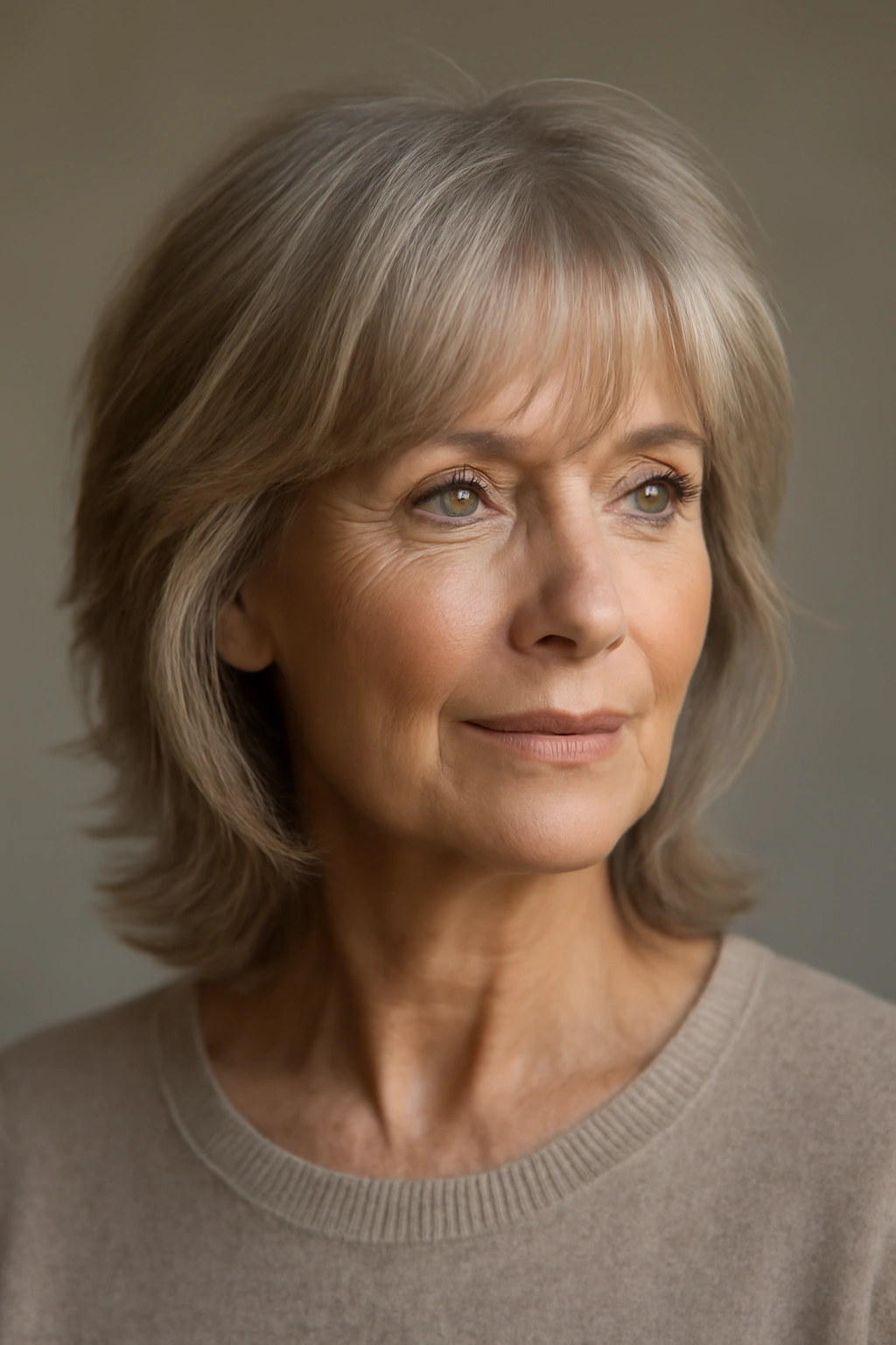 Woman over 60 with layered hair and wispy bangs framing the face