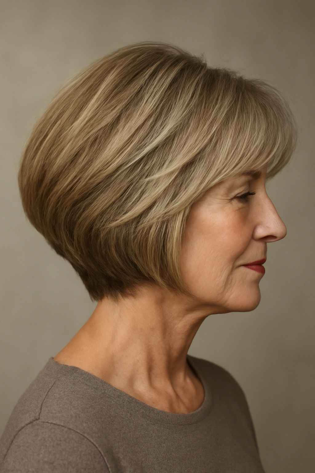 Older woman in side profile showing stacked back layers of layered graduated bob