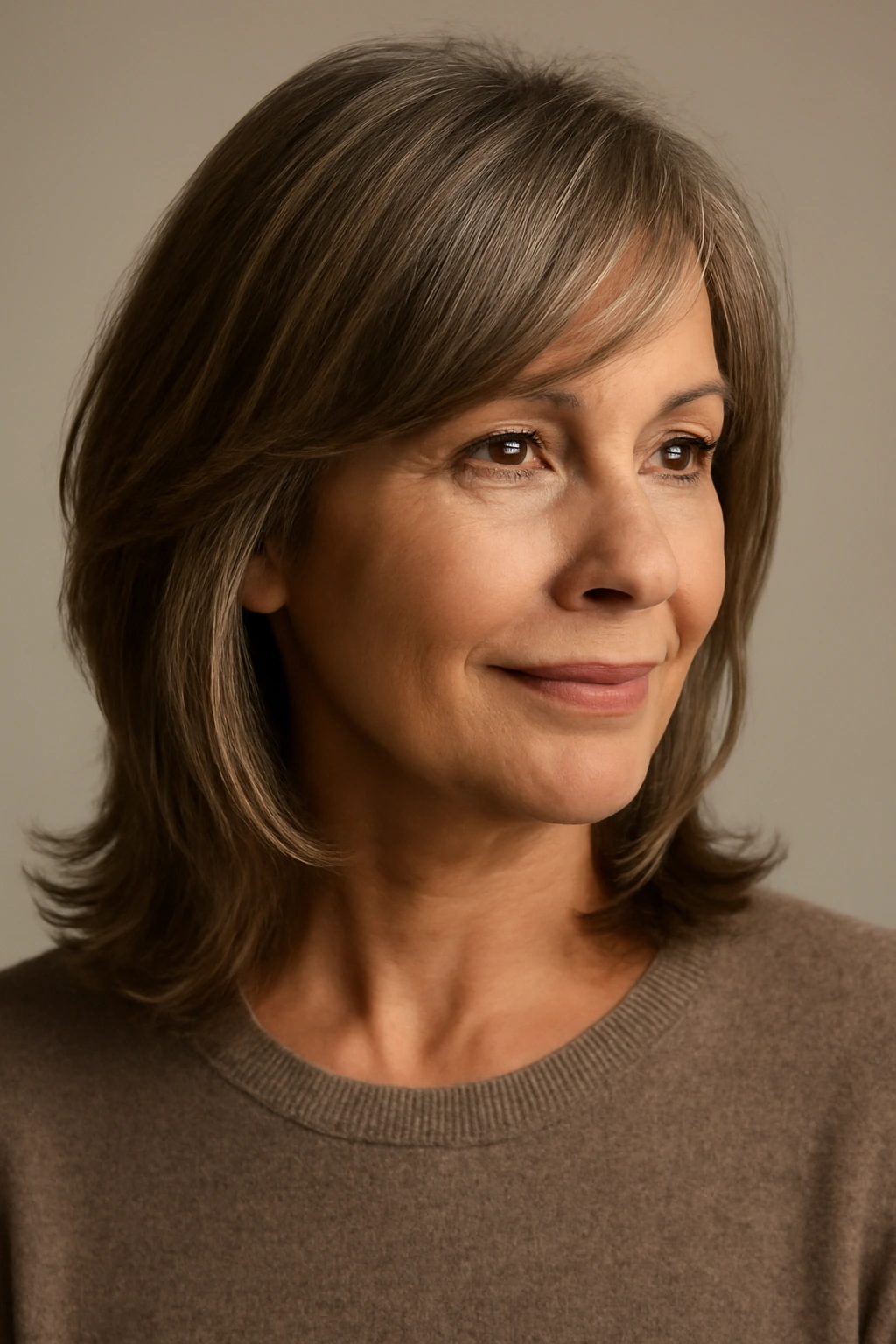 Portrait of a mature woman with layered medium-length hair and side bangs.