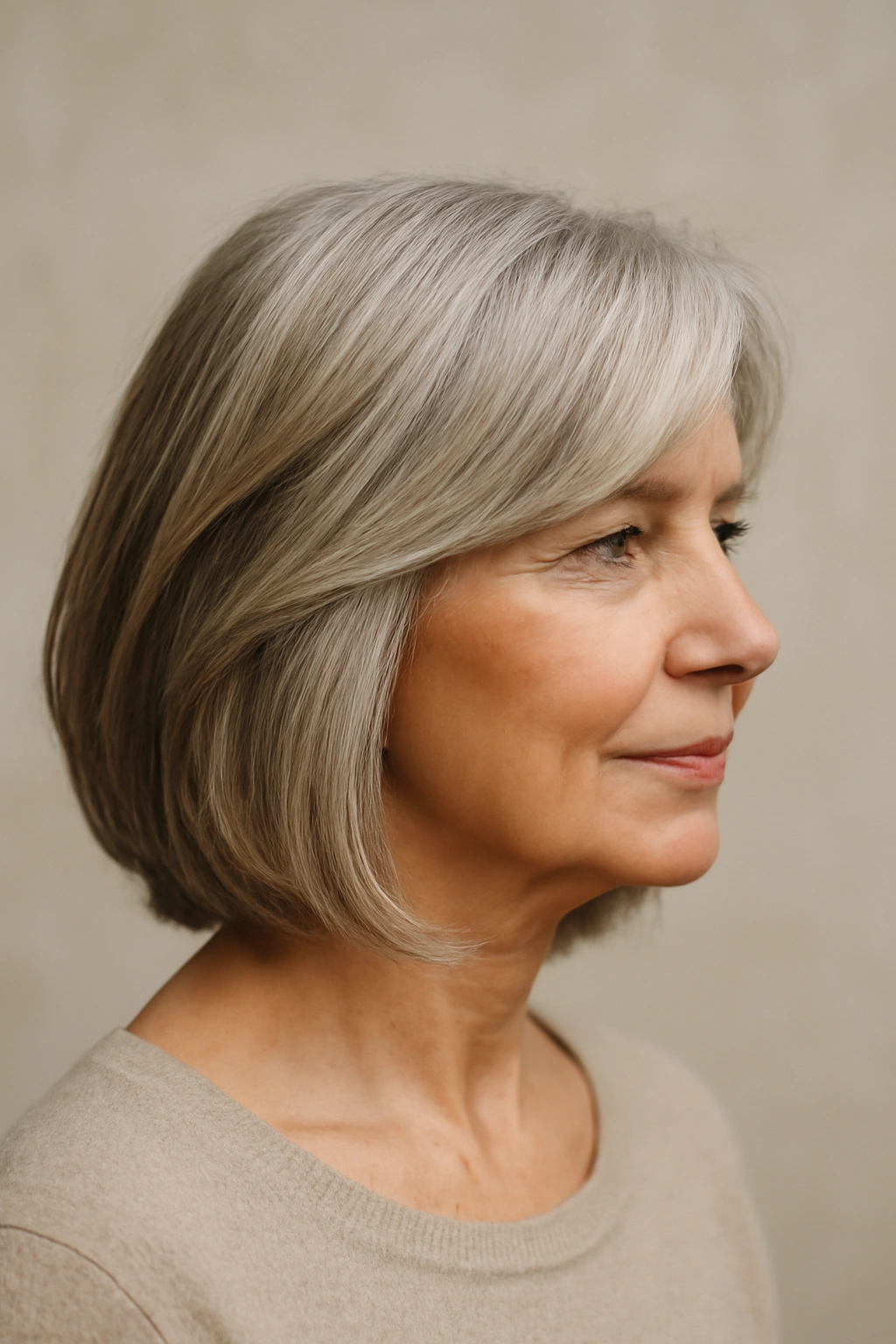 Mature woman with layered long bob and face-framing layers