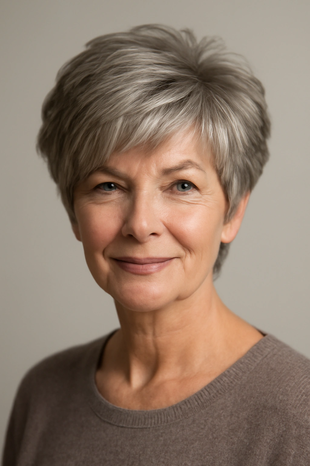 Mature woman sporting a layered pixie cut with crown lift