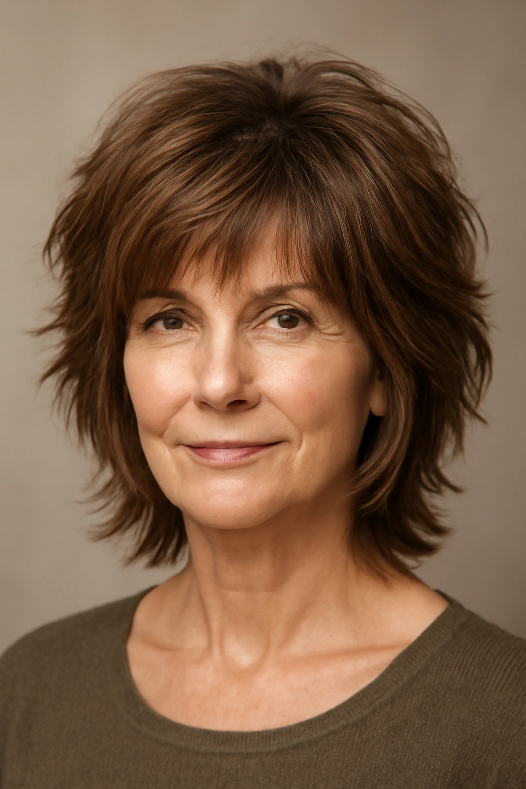 Close-up of a layered shag haircut showing pronounced layers and rich texture